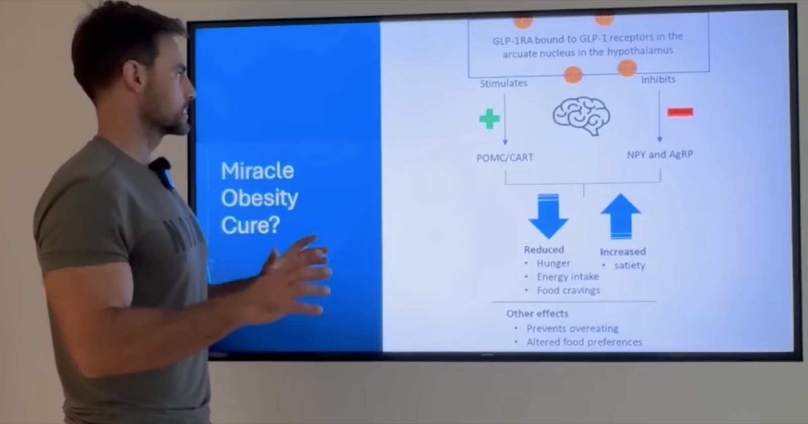 Dr Ben Coetsee presenting a slide titled "Miracle Obesity Cure?" showing GLP-1 receptor agonists acting on the arcuate nucleus of the hypothalamus — stimulating POMC/CART satiety pathways and inhibiting NPY/AgRP hunger pathways, reducing hunger, energy intake and food cravings