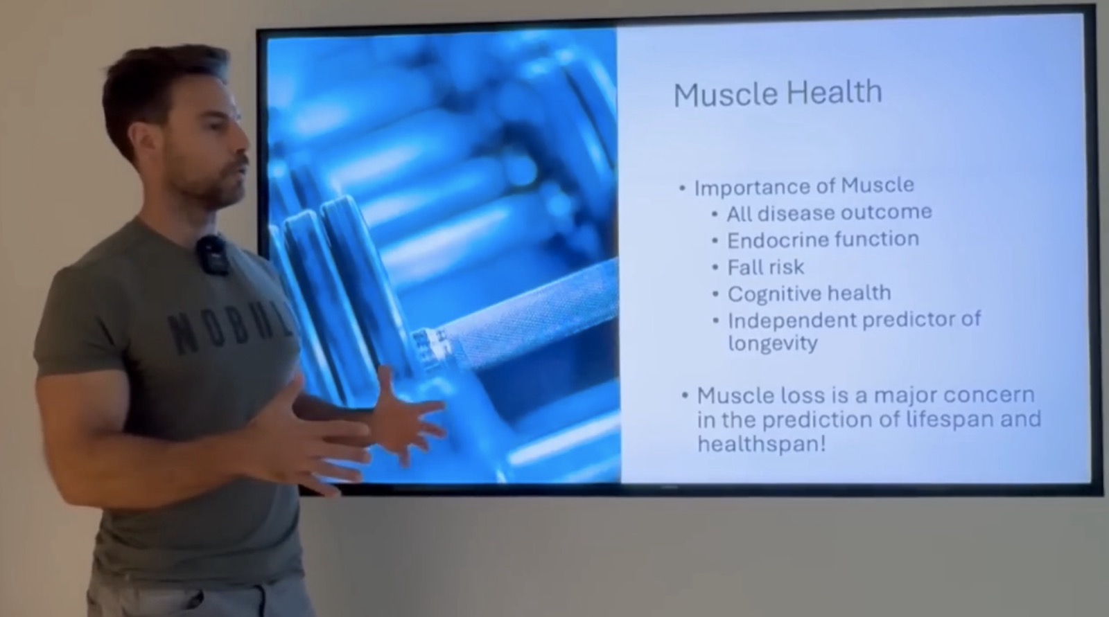 Dr Ben Coetsee presenting a "Muscle Health" slide listing the importance of muscle for all-disease outcomes, endocrine function, fall risk and cognitive health, and as an independent predictor of longevity — concluding that muscle loss is a major concern for lifespan and healthspan