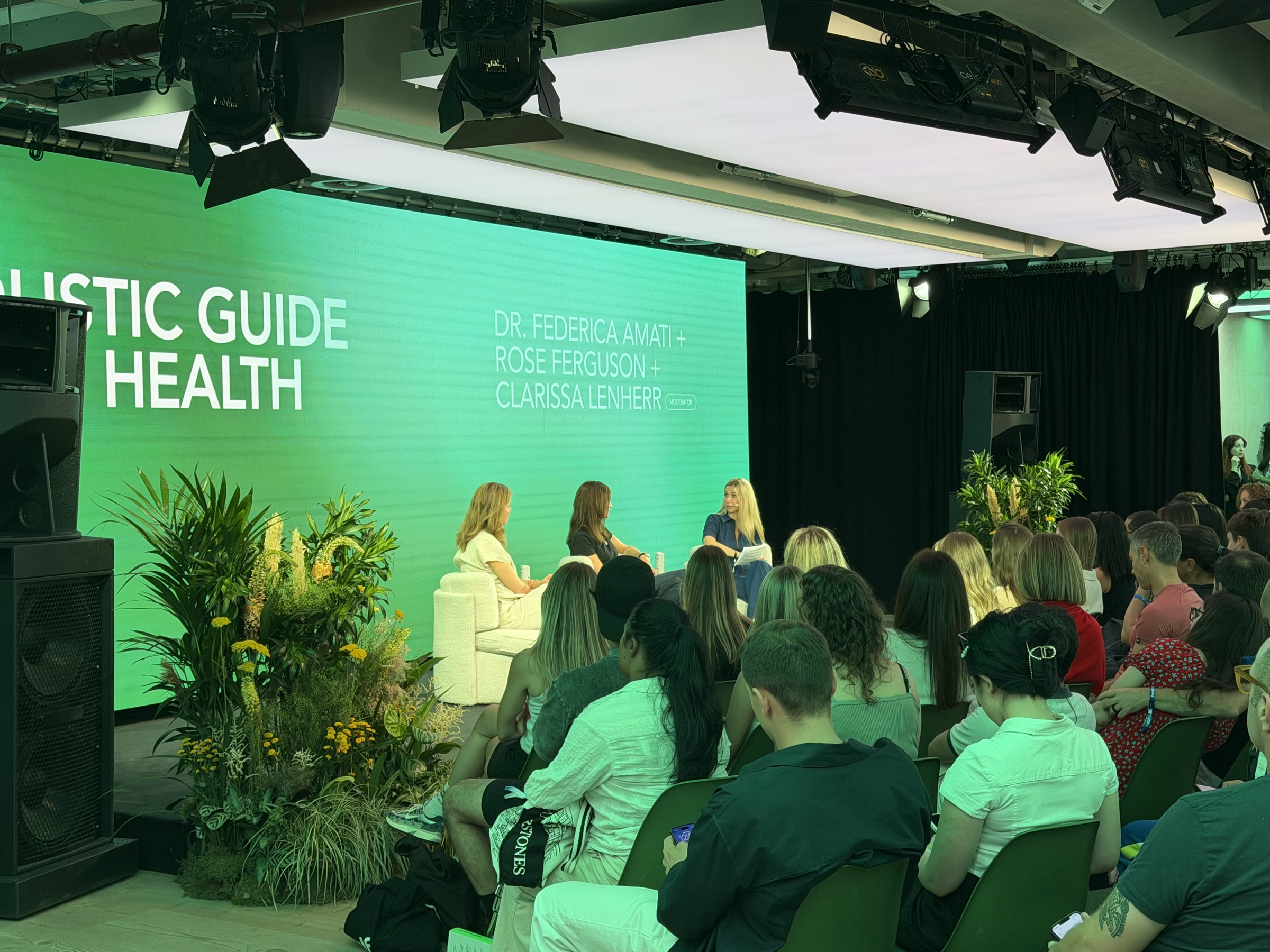 The gut-health panel — Dr Federica Amati, Rose Ferguson and Clarissa Lenherr — on stage at Healf's HX26 conference, London, June 2026