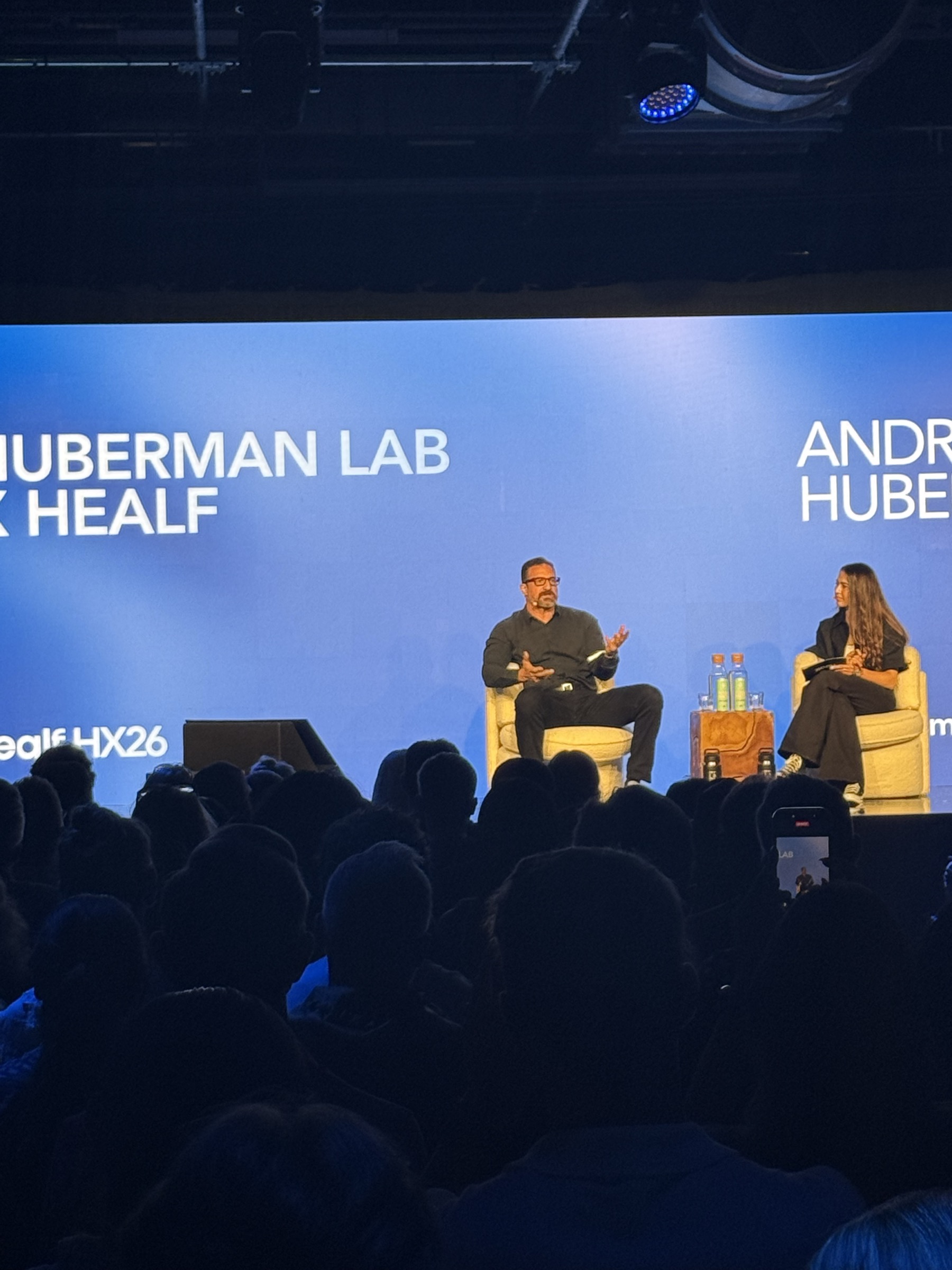 Andrew Huberman speaking during the Huberman Lab × Healf session at HX26, London, June 2026