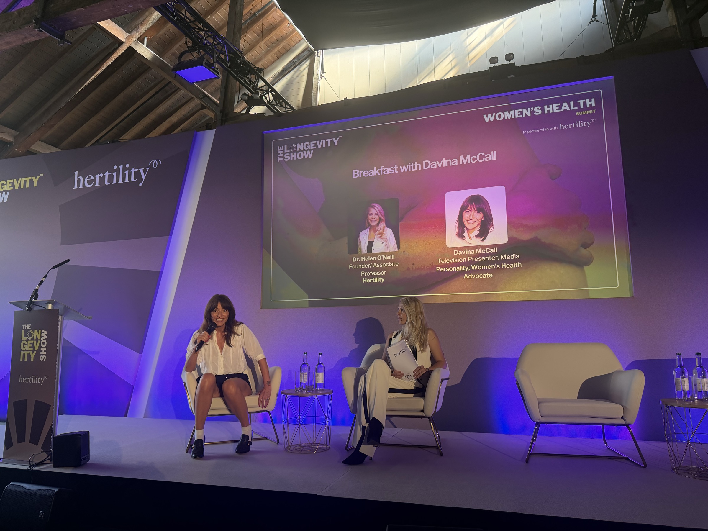 Davina McCall and Dr Helen O'Neill in conversation at The Longevity Show, Tobacco Dock, London, June 2026