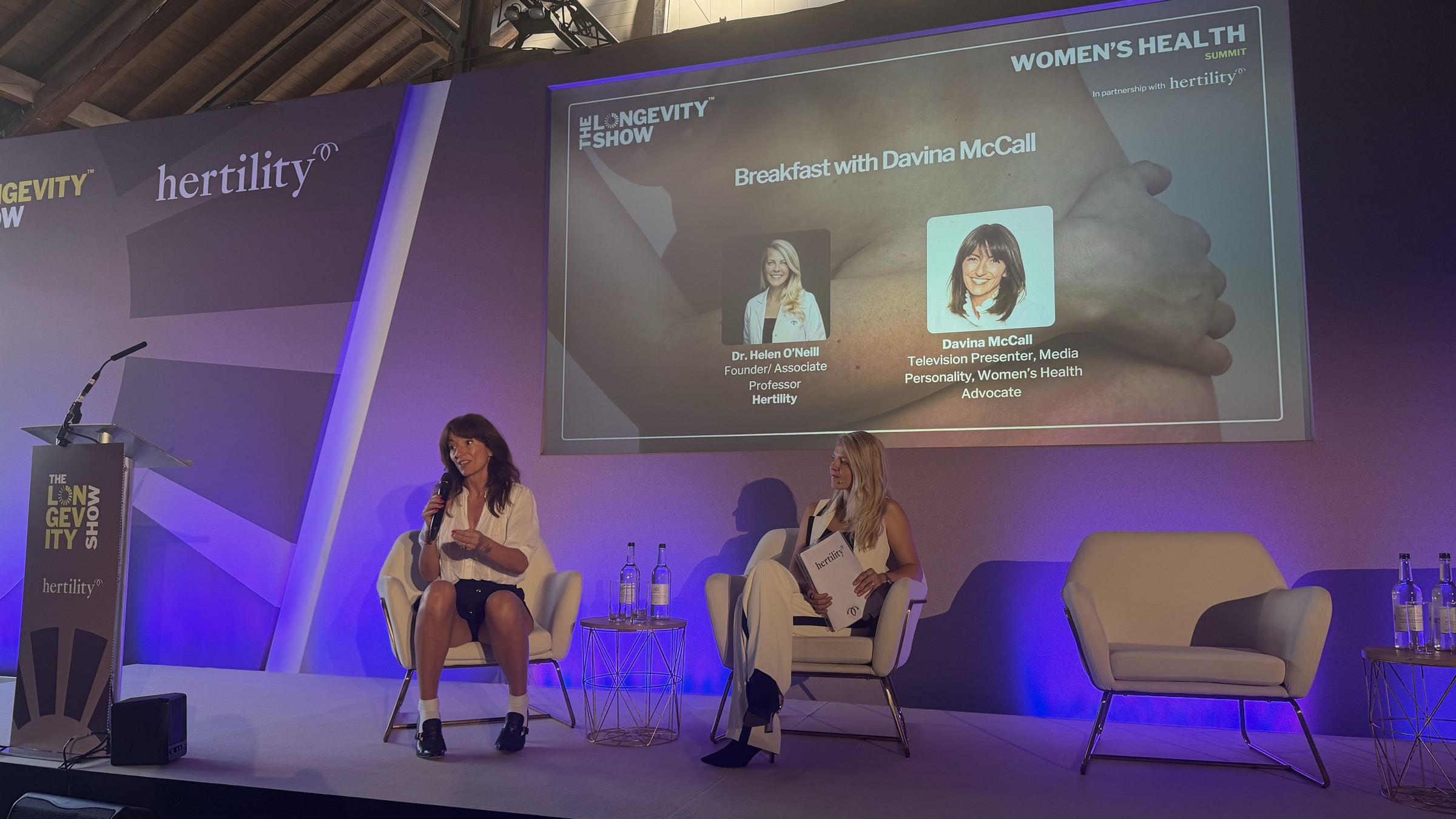 Davina McCall and Dr Helen O'Neill in conversation at The Longevity Show, Tobacco Dock, London, June 2026