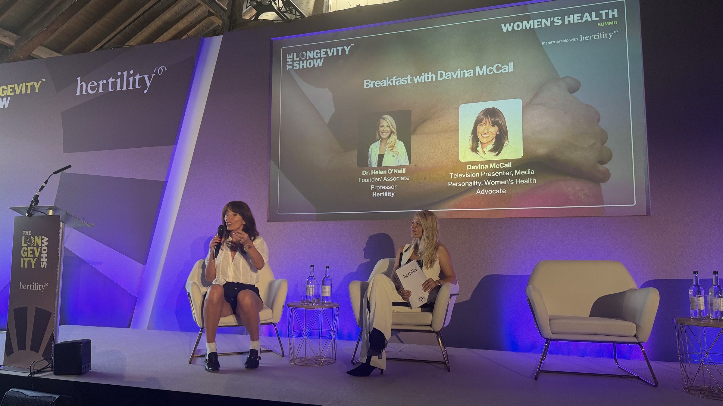 Davina McCall in conversation with Dr Helen O'Neill at The Longevity Show, Tobacco Dock, London, June 2026
