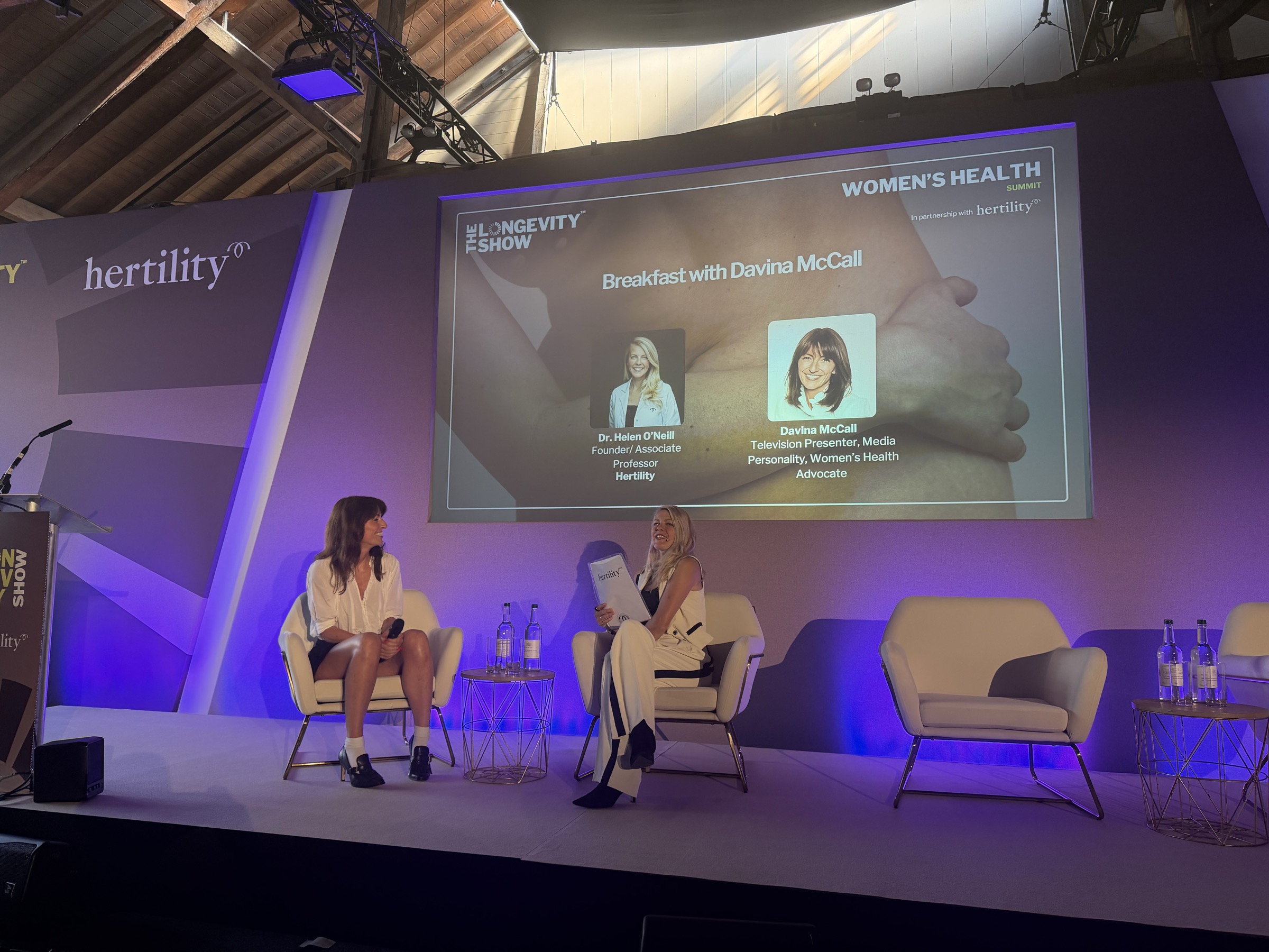 Davina McCall and Dr Helen O'Neill in conversation at The Longevity Show, Tobacco Dock, London, June 2026